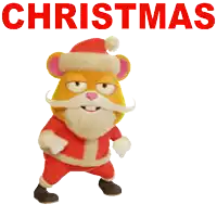 a cartoon hamster dressed as santa claus with the word christmas behind him