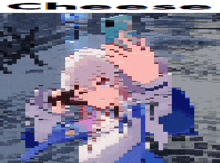 a pixelated image of a girl with the word cheese written above her