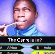 a man is holding a pencil in his mouth while playing a game that asks " the genre is in "