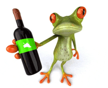 a frog is holding a bottle of wine