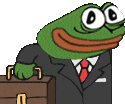 the frog is wearing a suit and tie and holding a briefcase .