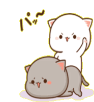 a cartoon of a white cat sitting on top of a gray cat