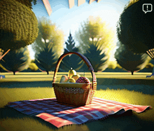 a basket of fruit sits on a checkered blanket in a park