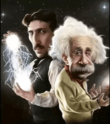 a cartoon of tesla and albert einstein holding lightning bolts