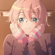 a girl with pink hair and blue eyes is smiling
