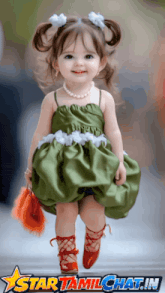 a little girl wearing a green dress and red shoes is on a star tamilchat.in poster