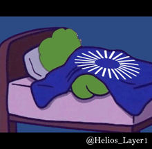 a cartoon of a frog laying on a bed with a blue blanket that says helios_layer1