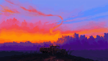 a painting of a sunset with a truck in the foreground and a purple sky