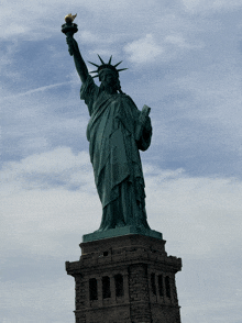 the statue of liberty stands tall against a blue sky