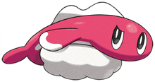 a cartoon drawing of a pink and white fish with a cloudy head