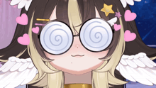 a close up of a girl wearing glasses with a swirl on them