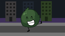 a green cartoon character with arms and legs is walking down a street