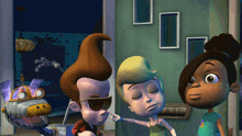 a group of cartoon characters are standing in front of a door with a mailbox in the background