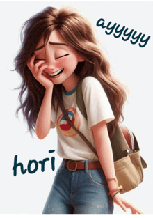 a girl with a backpack is laughing with ayyyyg written on the bottom