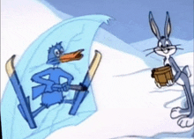 a cartoon of bugs bunny and a blue duck skiing