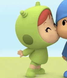 a couple of cartoon characters are kissing each other on the cheek .