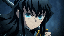 a girl with long black hair and blue eyes holds a sword