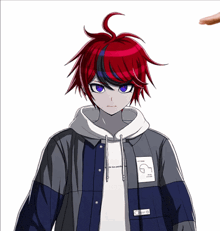 a person 's hand is reaching up to a red haired anime character