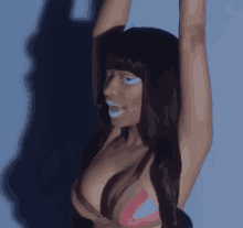 a woman in a bikini with her arms in the air and a smile on her face