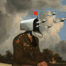 a painting of a man with a mailbox on his head