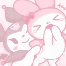 a couple of pink cartoon characters , kuromi and my melody , are sitting next to each other .