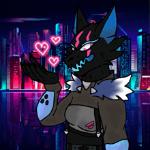 a drawing of a monster with neon hearts coming out of his mouth