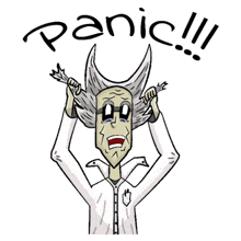 a cartoon of a man in a lab coat holding his head with the word panic written on it .