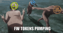 a cartoon of three naked men with fw tokens pumping written below them