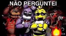 a group of five nights at freddy 's characters standing next to each other with sunglasses on .