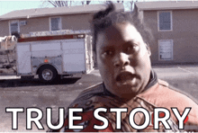 a man is standing in front of a fire truck with the words true story written on it