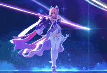 a girl in a purple and white dress is holding a sword in a video game .