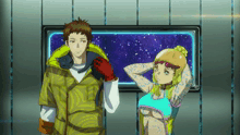 a man and a woman standing in front of a window