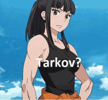 a girl in a black tank top with the word tarkov written on it