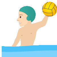 a man in a blue swim cap is holding a water polo ball over his head