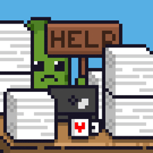 a pixel art illustration of a zombie holding a help sign