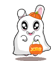 a cartoon bunny holding a pumpkin that says jobs on it