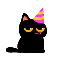 a black cat wearing a pink and yellow party hat and a party horn .