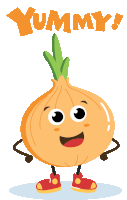 a cartoon onion with arms and legs and the word yummy below it