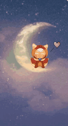 a cookie in a cat costume is sitting on a crescent moon with a heart nearby