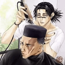 a man is getting his hair cut by a man wearing a hat .