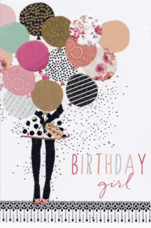 a birthday card with a girl holding balloons and the words birthday girl