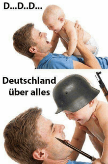 a man is holding a baby next to a helmet and a gun .