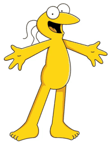 a yellow cartoon character with his arms outstretched and his mouth open