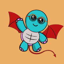 a cartoon drawing of a turtle with red wings and a devil tail