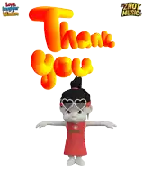 a cartoon girl wearing a headband that says phoenix stands in front of a thank you sign
