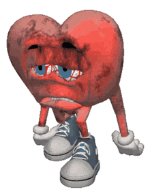 a cartoon heart with arms and legs has a sad look on its face