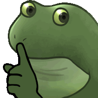 a green frog with a finger on its mouth