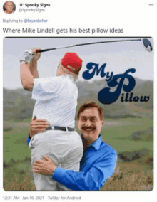 a man is hugging another man while holding a golf club in a meme .