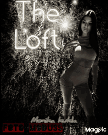 a black and white photo of a woman standing in front of a neon sign that says the loft