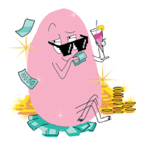 a cartoon drawing of a pink egg holding a drink and money